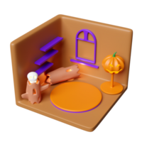 3d isometric room for halloween holiday party with cylinder stage podium empty, pumpkin head, tree, timber, skull  isolated. 3d render illustration png