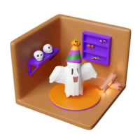 3d isometric room for halloween holiday party with shelf, tree, timber, skull, cute ghost flying, pumpkin, conical hat, candy isolated. 3d render illustration png