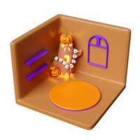 3d isometric room for halloween holiday party with cylinder stage podium empty, pumpkin head, tree, timber, skull necklace isolated. 3d render illustration png