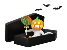 3d halloween holiday party with pumpkin head man hand holding sweet lollipop in coffin, bats isolated. 3d render illustration png
