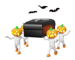 3d halloween holiday party with pumpkin head man coffin bearer, bats isolated. 3d render illustration png