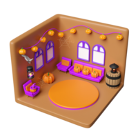 3d isometrisk rum för halloween Semester fest med cylinder skede podium tömma, pumpa huvud, fest baner, skalle, soffa, trä- tunna, hatt isolerat. 3d framställa illustration png
