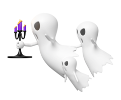 3d Halloween vacances fête avec mignonne fantôme en volant en portant chandelier isolé. 3d rendre illustration png