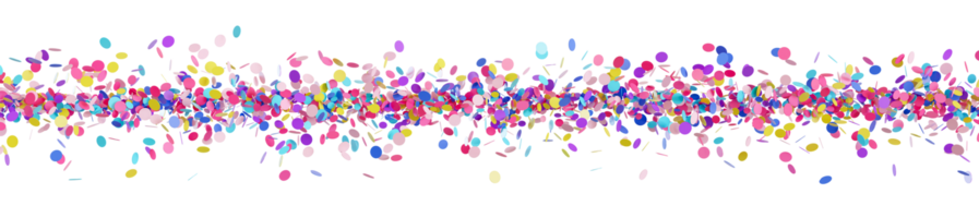 Colorful confetti line on transparent background. Multicolor, vibrant foreground. Border. Particles row. Cut out graphic design elements. Happy birthday, party decoration. 3D render. png