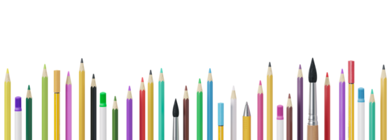 Colorful school stationery, supplies on transparent background. PNG. Bottom border. Applicable for posters, announcements, advertising. Education, daycare, preschool. Back to school shopping, sale. 3D png