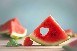 un cortar pedazo de sandía con un en forma de corazon agujero. verano, alegría, felicidad, delicioso comida foto