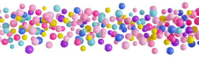 Colorful balloons line on transparent background. Multicolor, vibrant foreground. Border, row. Cut out graphic design elements. Happy birthday, party decoration. Helium balloon group. 3D render. png