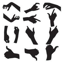 Hands poses. Female and male hand holding and pointing gestures, fingers crossed, fist, peace and thumb up. Cartoon human palms and wrist vector set. Communication or with black emoji for messengers