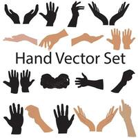 Hands poses. Female and male hand holding and pointing gestures, fingers crossed, fist, peace and thumb up. Cartoon human palms and wrist vector set. Communication or talking with emoji for messengers