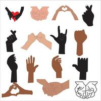 Hands poses. Female and male hand holding and pointing gestures, fingers crossed, fist, peace and thumb up. Cartoon human palms and wrist vector set. Communication or talking with emoji for messengers