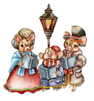 Watercolor Christmas mice in cartoon style. png