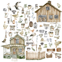 Watercolor illustration of an old country wooden house and farm elements. png