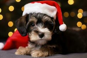 Cute dog with santa claus hat, christmas holiday concept. Generative AI photo