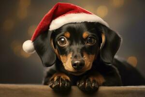 Cute dog with santa claus hat, christmas holiday concept. Generative AI photo
