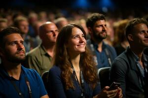 Conference hall audience full of tech people, created with generative AI photo