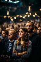 Conference hall audience full of tech people, created with generative AI photo