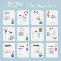 Printable hand drawn calendar 2024. Calendar grid, Monday first. Vertical Arrangement, Calendar template of 12 Months, Cover Design Style Vector Illustration with hand drawn flowers in trendy style.