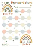 Rainbow reward chart, sticker behavior chart, chore chart for kids, toddler routine, kids routine chart. Stay in bed chart. Potty training. vector