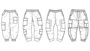 Cargo Pants fashion hand drawing technical  template. Cargo pocket fashion mockup for training. vector