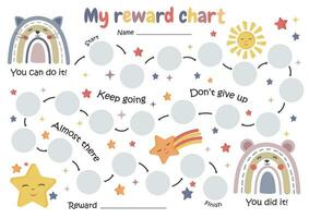 Printable rainbow reward chart. Chore chart for toddler. Sticker reward chart. Behavior for kids. Reward and achievement. Potty training chart. vector