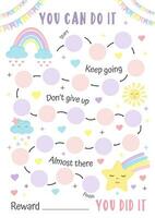 Rainbow reward chart, sticker behavior chart, chore chart for kids, toddler routine, kids routine chart. Stay in bed chart. Planner for little princess, schedule, timetable. vector