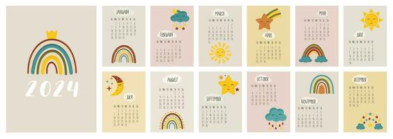 Calendar 2024 template. Monthly calendar 2024 with cute rainbows, stars, moon. Trendy colors, cartoon style. Starts on Sunday. A modern calendar for kids. Childrens cute nursery style. Design Template vector