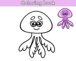 Page of the kids coloring book. Color cartoon purple jellyfish. Worksheet for children with contour sea animal. Vector outline illustration ocean creature. Isolated on a white background.