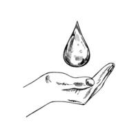Hand-drawn black-and-white sketch of a drop of water in empty open hand. Eco, ecology care, saving the nature. Doodle vector illustration. Vintage.