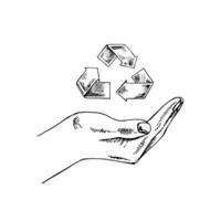 Hand-drawn black-and-white sketch of recycle symbol  in empty open hand. Eco, ecology care, saving the nature. Doodle vector illustration. Vintage.