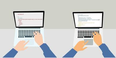 Working on pc laptop with program code on screen top view web development vector