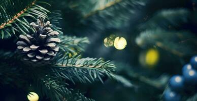 Christmas background with pine cones and pine branches, bokeh background. Generative AI photo