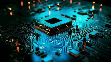 Computer electronic chip with processor, transistors, resistors and microchips. Abstract hi-tech background photo