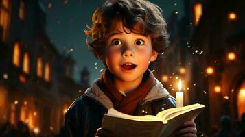 un niños cantante de caroler manos participación vela y libro en celebracion de Navidad día foto