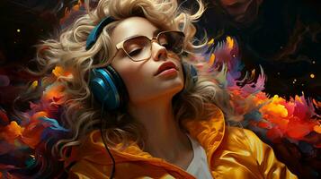 A beautiful woman wearing headphones listens to loud music and dances enjoying the sound photo