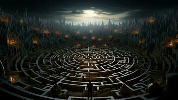 A man stands in a maze and thinks, view from the back. The concept of difficulty in making a decision photo