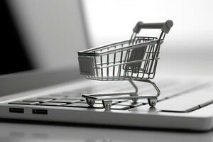 Illustration of shopping cart and laptop, online stores concept, background. Generative AI photo