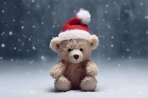 Teddy bear with Santa Claus hat, christmas holiday concept. Generative AI photo