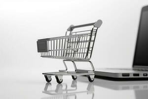 Illustration of shopping cart and laptop, online stores concept, background. Generative AI photo