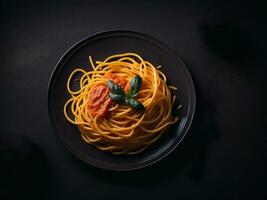 AI Generative Pasta spaghetti with tomato sauce in black bowl. photo