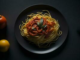 AI Generative Pasta spaghetti with tomato sauce in black bowl. photo