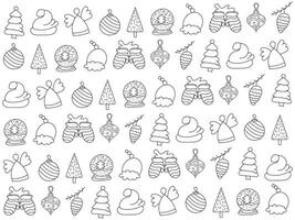 Navidad adornos conjunto con copos de nieve, sombreros, estrella, Navidad árbol, pelotas, naranja, calcetín, regalo, bebida y guirnaldas vector