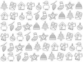 Christmas ornaments set with snowflakes, hats, star, Christmas tree, balls, orange, sock, gift, drink and garlands. vector