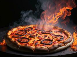 Pizza with sausage and mozzarella on a dark background., Ai Generative. photo