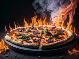 Pizza with sausage and mozzarella on a dark background., Ai Generative. photo