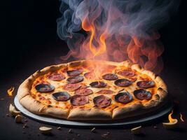 Pizza with sausage and mozzarella on a dark background., Ai Generative. photo