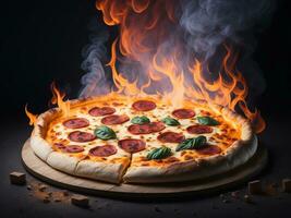 Pizza with sausage and mozzarella on a dark background., Ai Generative. photo