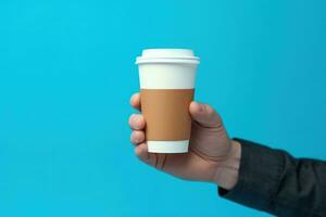 Hand holding coffee cup, blue background, digital illustration. Generative AI photo