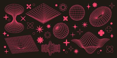 Retro futuristic set. Pink surreal geometric shapes, wireframe, cyberpunk elements and perspective grids. Abstract vector illustration in trendy psychedelic techno style. Vector illustration