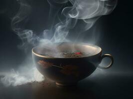 Dark elegance steam rises from fresh black coffee, generative AI. photo