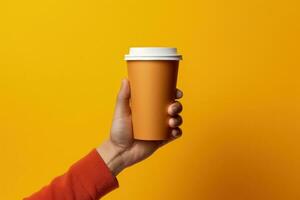 Hand holding coffee cup, yellow background. Generative AI photo